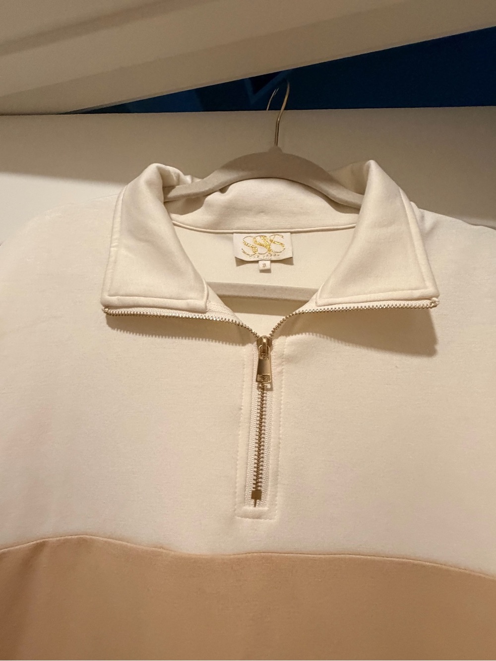 Women's Colorblock Half-Zip Pullover Sweatshirt - Cream, Tan & Dark Green - Picture 3 of 10